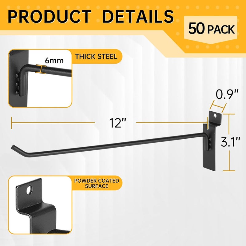 SINCHEEWAY 50 Pack Slatwall Hooks, Slatwall Accessory for Hanging, Slat Board Hook for Garage, Retail, Home, and Shop Display (Black, 12 Inch) - Image 2